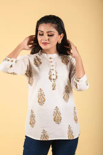 Off white hand block printed cotton shirt