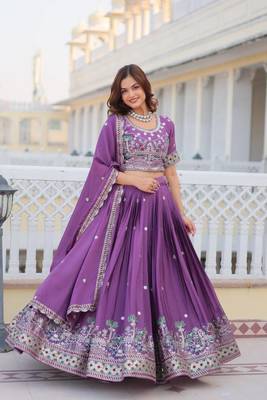 Stunning Purple Chinon Sequins Thread Embroidered Readymade Lehenga Choli 1