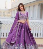 Stunning Purple Chinon Sequins Thread Embroidered Readymade Lehenga Choli