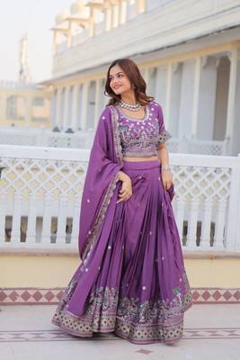 Stunning Purple Chinon Sequins Thread Embroidered Readymade Lehenga Choli 2