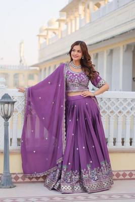 Stunning Purple Chinon Sequins Thread Embroidered Readymade Lehenga Choli 3