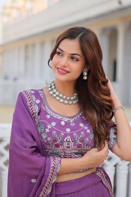 Stunning Purple Chinon Sequins Thread Embroidered Readymade Lehenga Choli 4