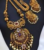 Antique-finish temple jewelry set - traditional south indian gold-plated necklace and earrings with pearl drops