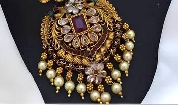Antique-finish temple jewelry set - traditional south indian gold-plated necklace and earrings with pearl drops 2
