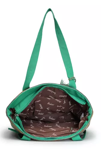  eco- friendly emerald green & multi striped jacquard cotton canvas tote bag
