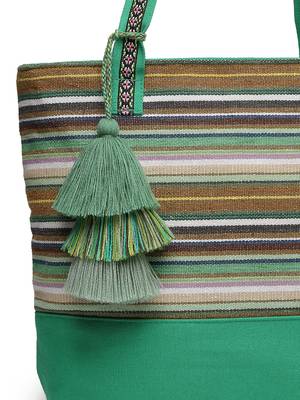  eco- friendly emerald green & multi striped jacquard cotton canvas tote bag 7