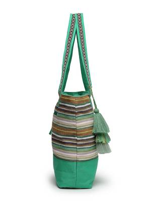  eco- friendly emerald green & multi striped jacquard cotton canvas tote bag 9