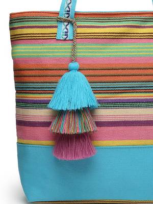 eco- friendly sky blue & multi striped jacquard cotton canvas tote bag 7