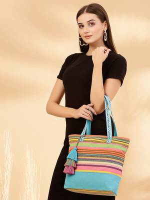 eco- friendly sky blue & multi striped jacquard cotton canvas tote bag 8