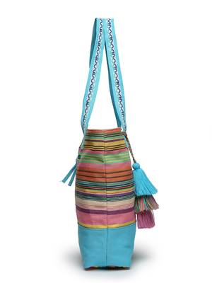 eco- friendly sky blue & multi striped jacquard cotton canvas tote bag 9