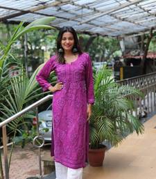 Purple cotton thread embroidery work kurta set