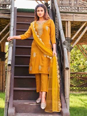 Mustard embroidered ethnic motifs kurta set with dupatta 1