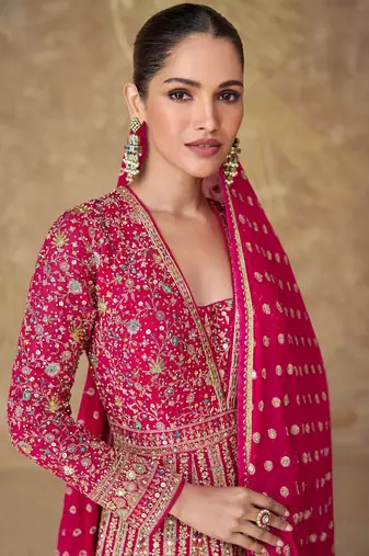 Pink georgette heavy embroidery sequins work gown set
