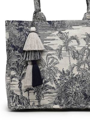 jungle natural & navy toile cotton jacquard handheld bag 8