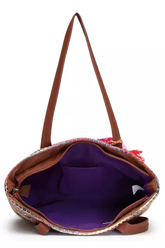 boho tan & multi woven striped cotton acrylic tote bag