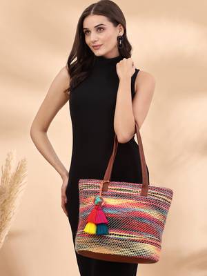 boho tan & multi woven striped cotton acrylic tote bag 8