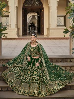 Green and Gold Velvet Embroidered Lehenga 1