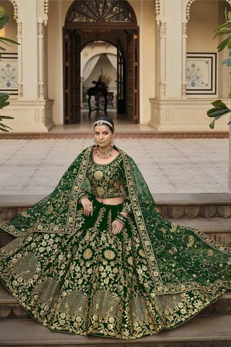 Green Velvet Sequins and Threadwork Lehenga