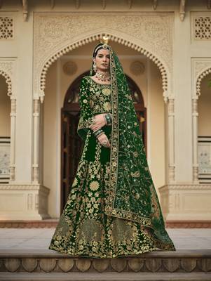Green and Gold Velvet Embroidered Lehenga 2