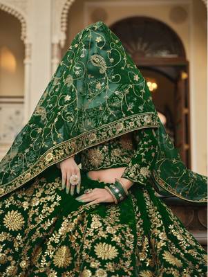 Green and Gold Velvet Embroidered Lehenga 3