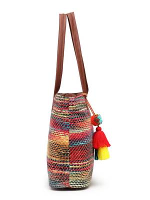 boho tan & multi woven striped cotton acrylic tote bag 9