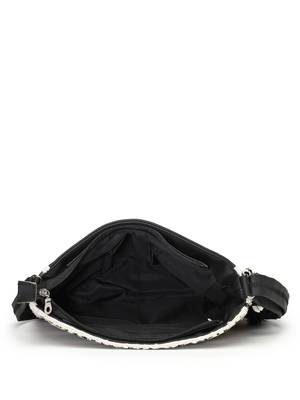 boho beige & black seashell embellished cotton jacquard & pu sling bag 7