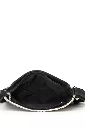 boho beige & black seashell embellished cotton jacquard & pu sling bag