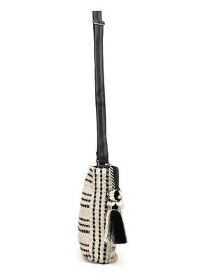 boho beige & black seashell embellished cotton jacquard & pu sling bag 9