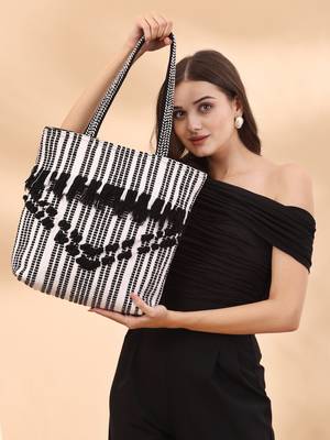 boho black & white striped cotton dari canvas tote bag 9