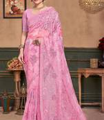 Pink organza resham embroidered designer saree with matching blouse piece