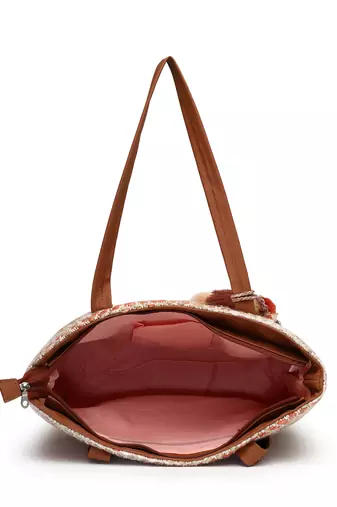 boho coral & multi chevron self design cotton acrylic tote bag