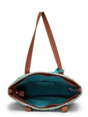 boho pista green & off white chevron self design cotton acrylic tote bag 7