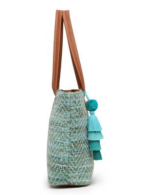 boho pista green & off white chevron self design cotton acrylic tote bag 9