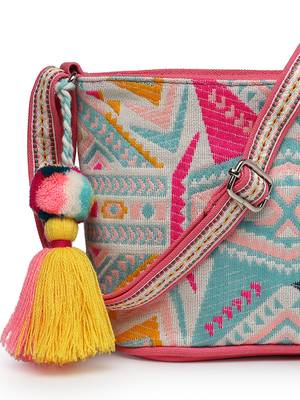 boho fluorescent pink & multi ethnic jacquard cotton sling bag 8