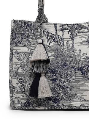 jungle natural & navy toile cotton jacquard handheld bag 8