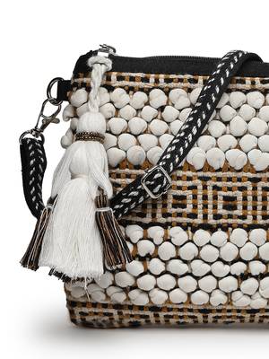 boho white, black and mustard knot stich striped canvas dari sling bag 8