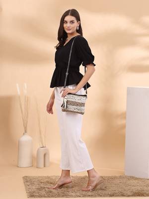 boho white, black and mustard knot stich striped canvas dari sling bag 9