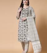 Grey women floral printed aline kurta pant with dupatta set