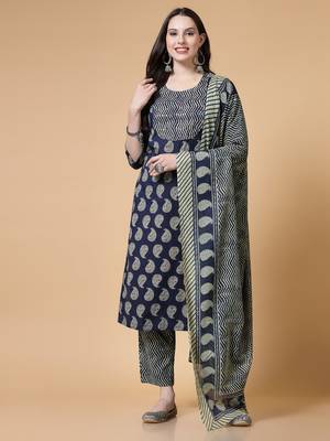 Navy blue women floral printed aline kurta pant with dupatta set 1