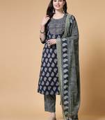 Navy blue women floral printed aline kurta pant with dupatta set