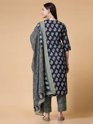 Navy blue women floral printed aline kurta pant with dupatta set 2