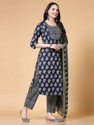 Navy blue women floral printed aline kurta pant with dupatta set 4