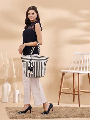boho navy & ivory woven striped cotton jacquard tote bag 9