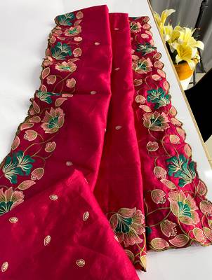 Pink tussar silk saree with all over contrast embroidery work and motifs with cutwork border 1