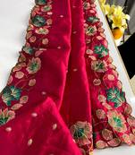 Pink tussar silk saree with all over contrast embroidery work and motifs with cutwork border