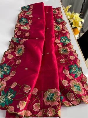 Pink tussar silk saree with all over contrast embroidery work and motifs with cutwork border 3