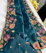 Rama tussar silk saree with all over contrast embroidery work and motifs with cutwork border