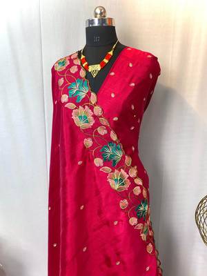 Pink tussar silk saree with all over contrast embroidery work and motifs with cutwork border 4