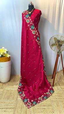 Pink tussar silk saree with all over contrast embroidery work and motifs with cutwork border 5