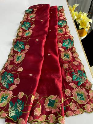 Red tussar silk saree with all over contrast embroidery work and motifs with cutwork border 3